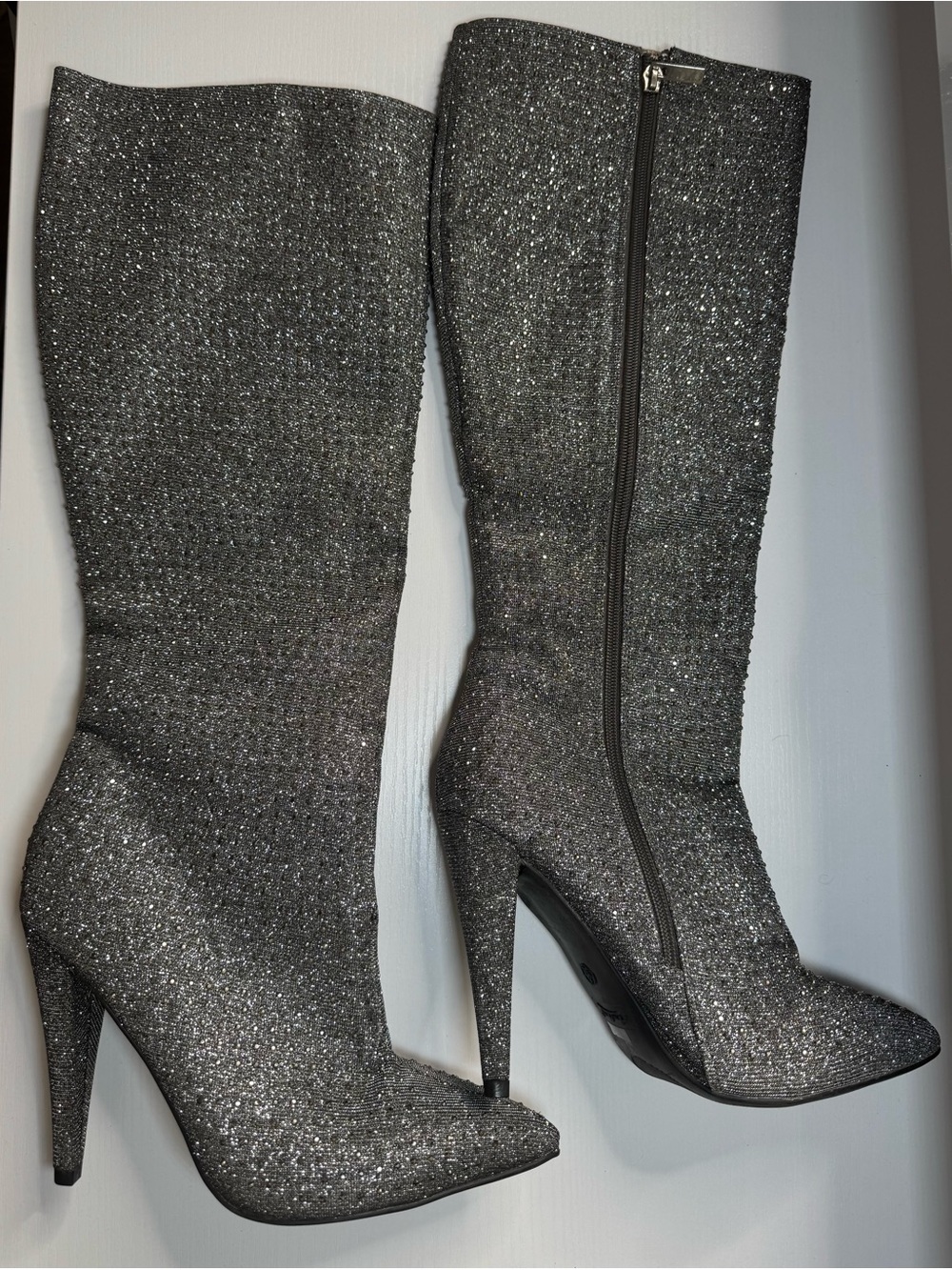 Glitter Knee-High Stiletto Boots - Silver